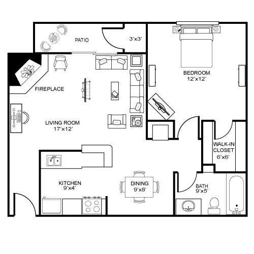 1 Bedroom 1 Bath Plan A3 2307 floor plan
